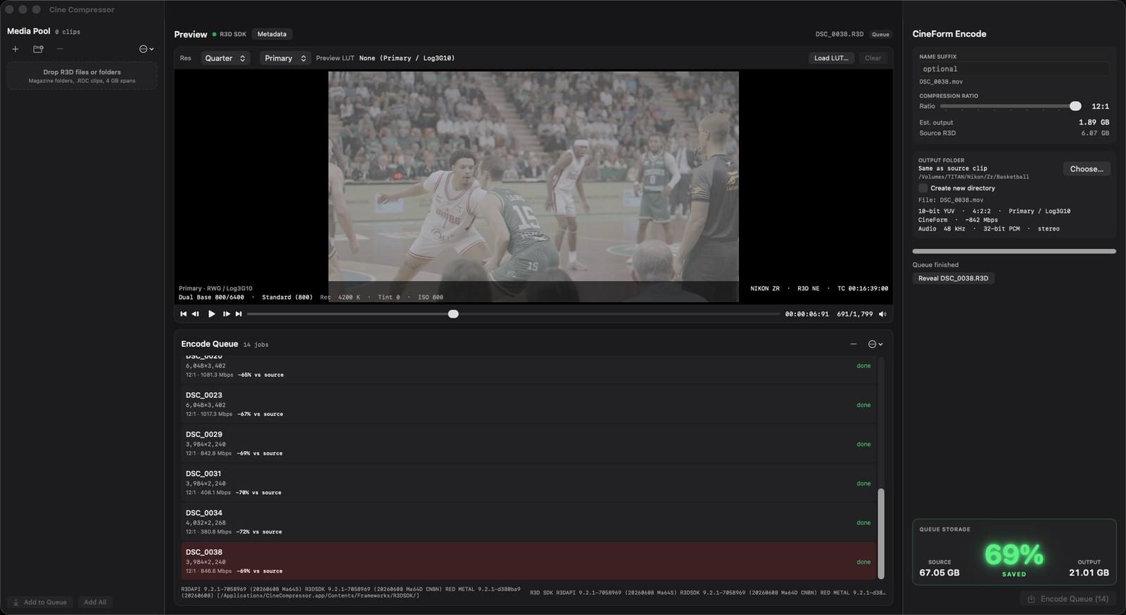 Cine Compressor workspace after a 12:1 encode, storage meter showing up to 69 percent saved.