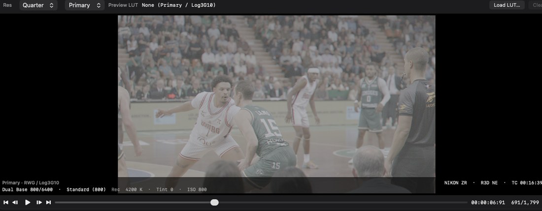 Preview set to Primary: basketball clip in camera log.
