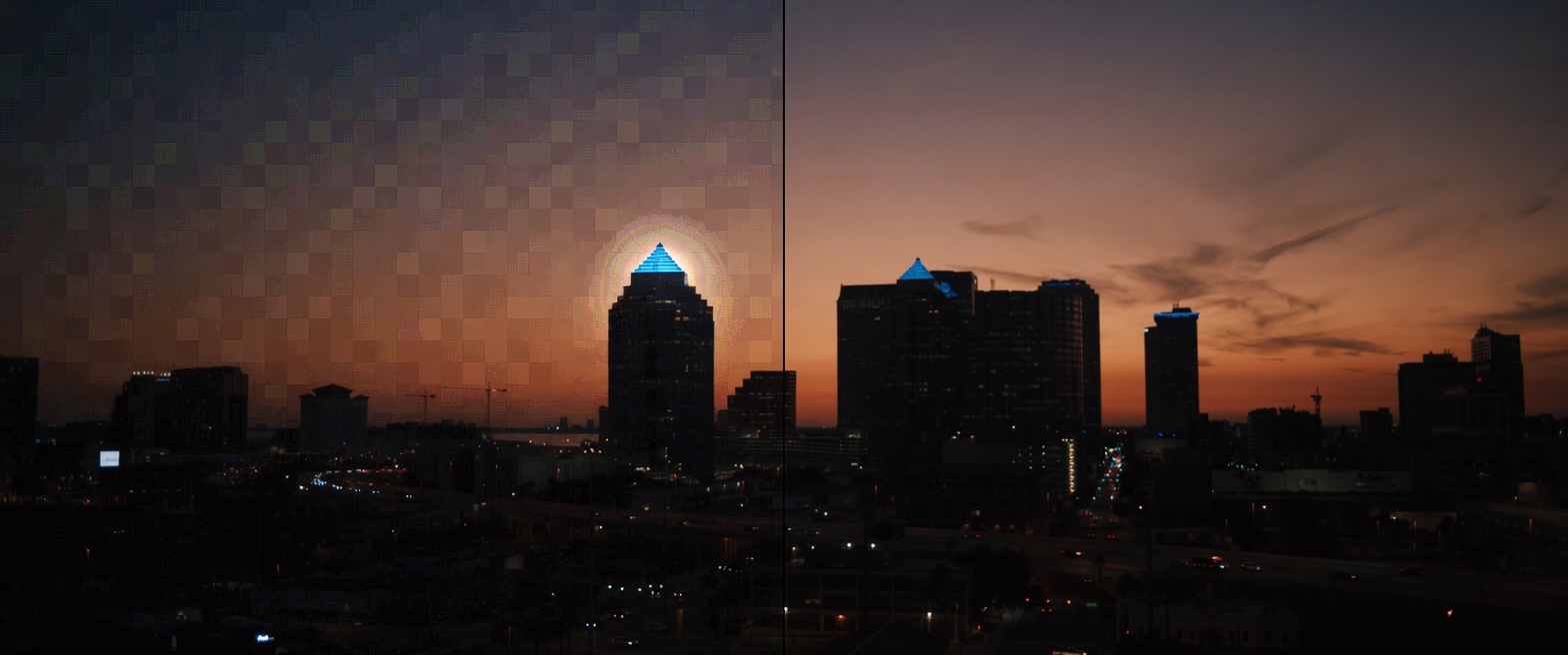 Same skyline: tiled ringing on the left, clean wavelet edges on the right.