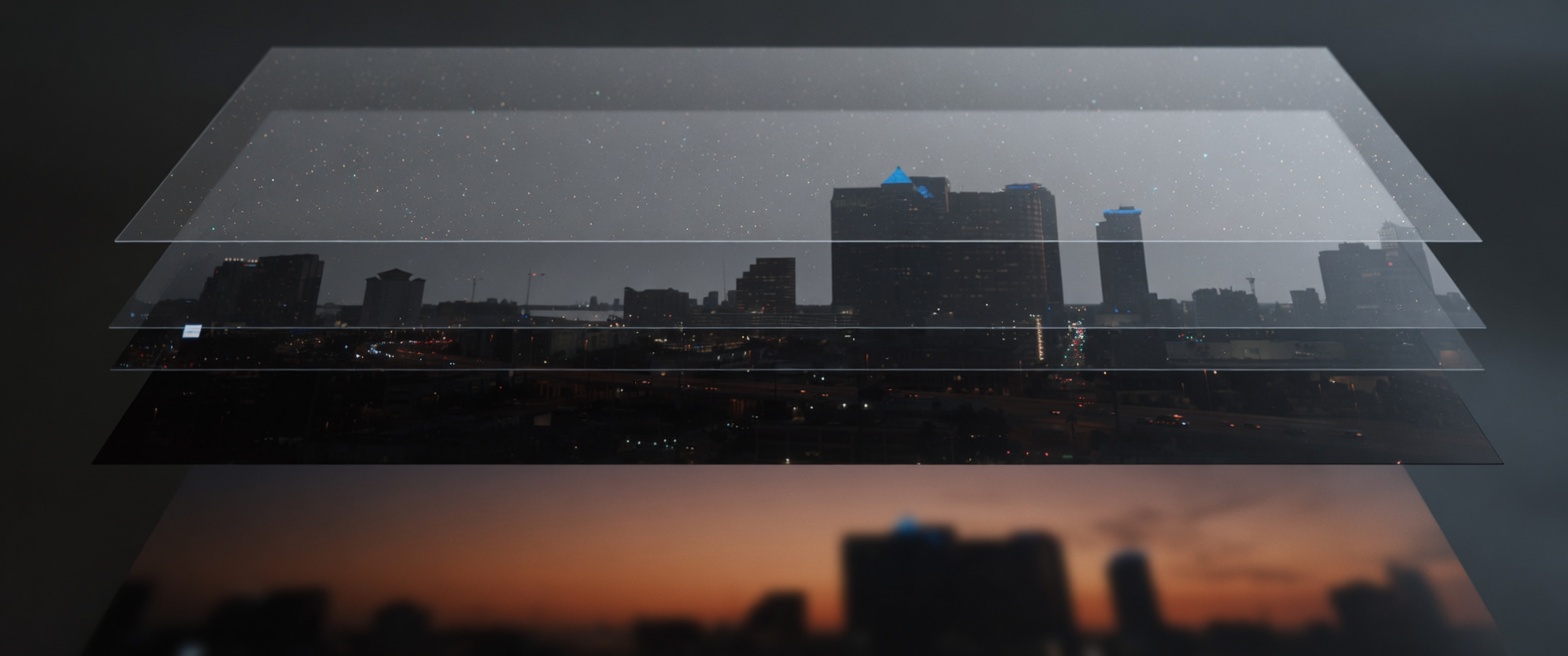 The same dusk skyline split into stacked sheets: blob, shapes, edges, then grain.