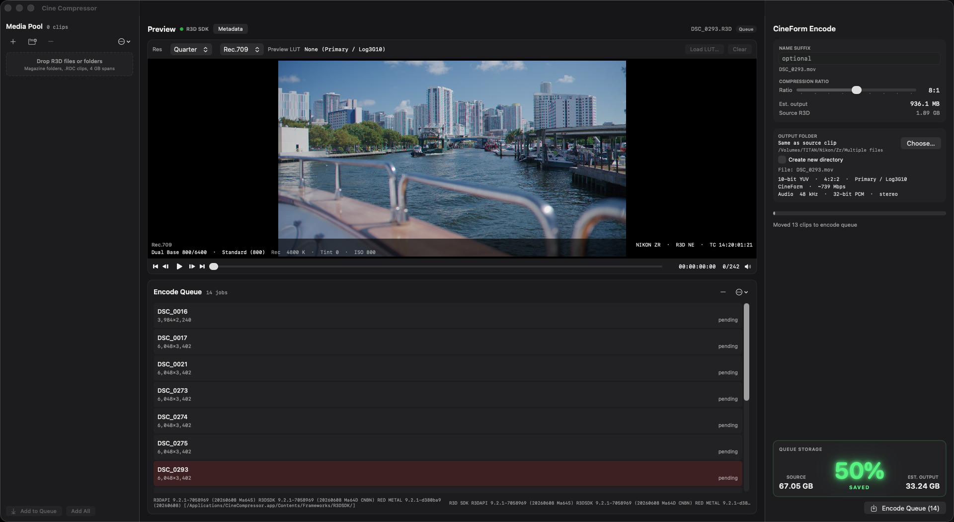 Cine Compressor with Rec.709 preview of a Miami canal.